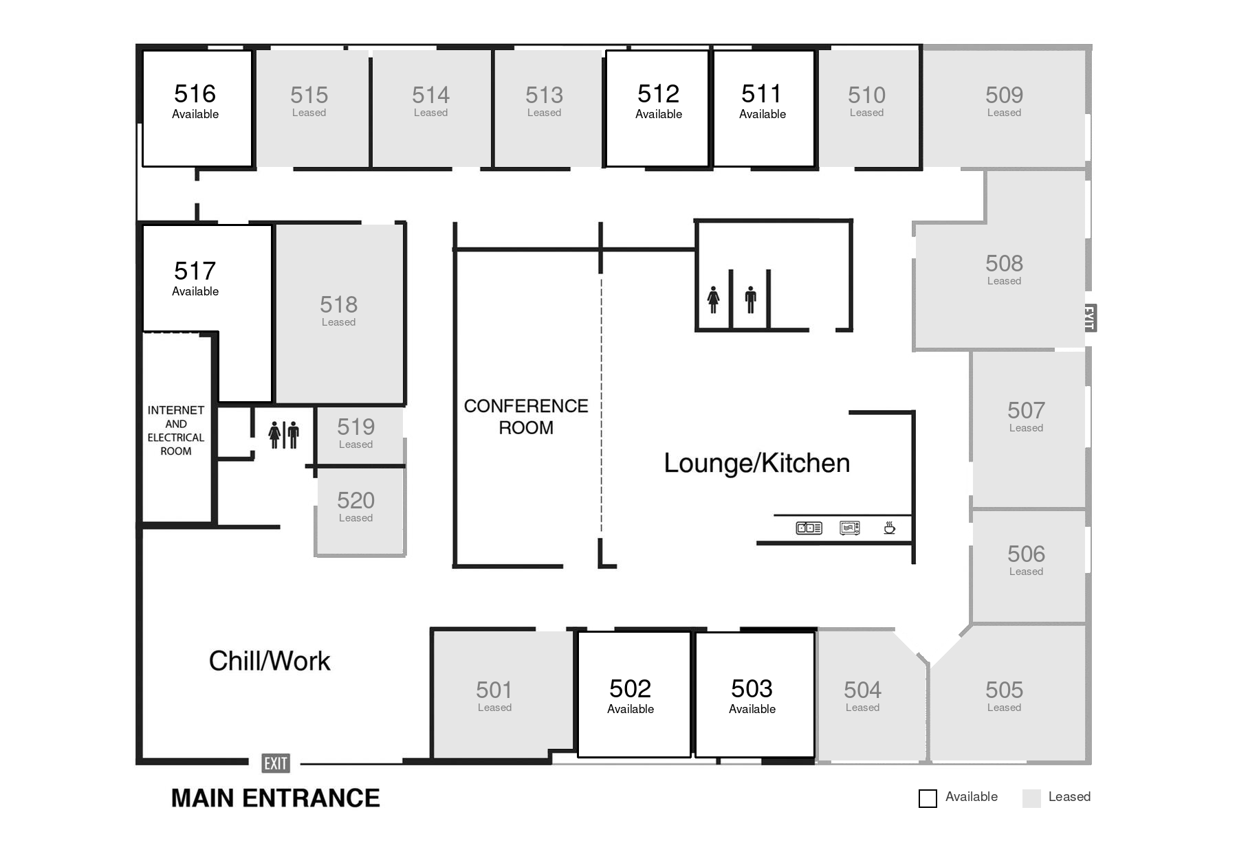@1900 floor plan showing available suites 502, 503, 511, 512, 516 and 517; other suites leased; plus conference room, lounge and kitchen, chill/work area, restrooms and main entrance